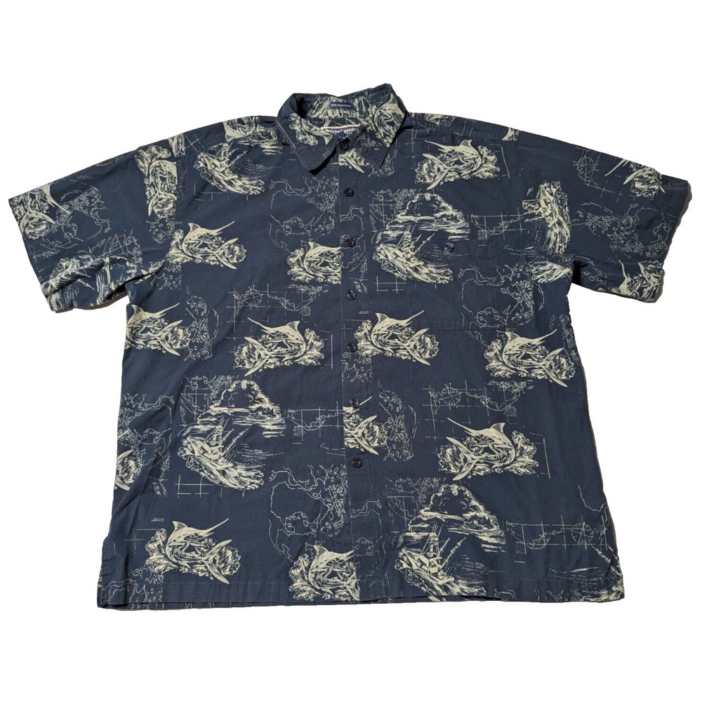 WEEKENDER Men XL Blue Marlin Fishing Trawler Nautical AOP‎ Button Shirt
